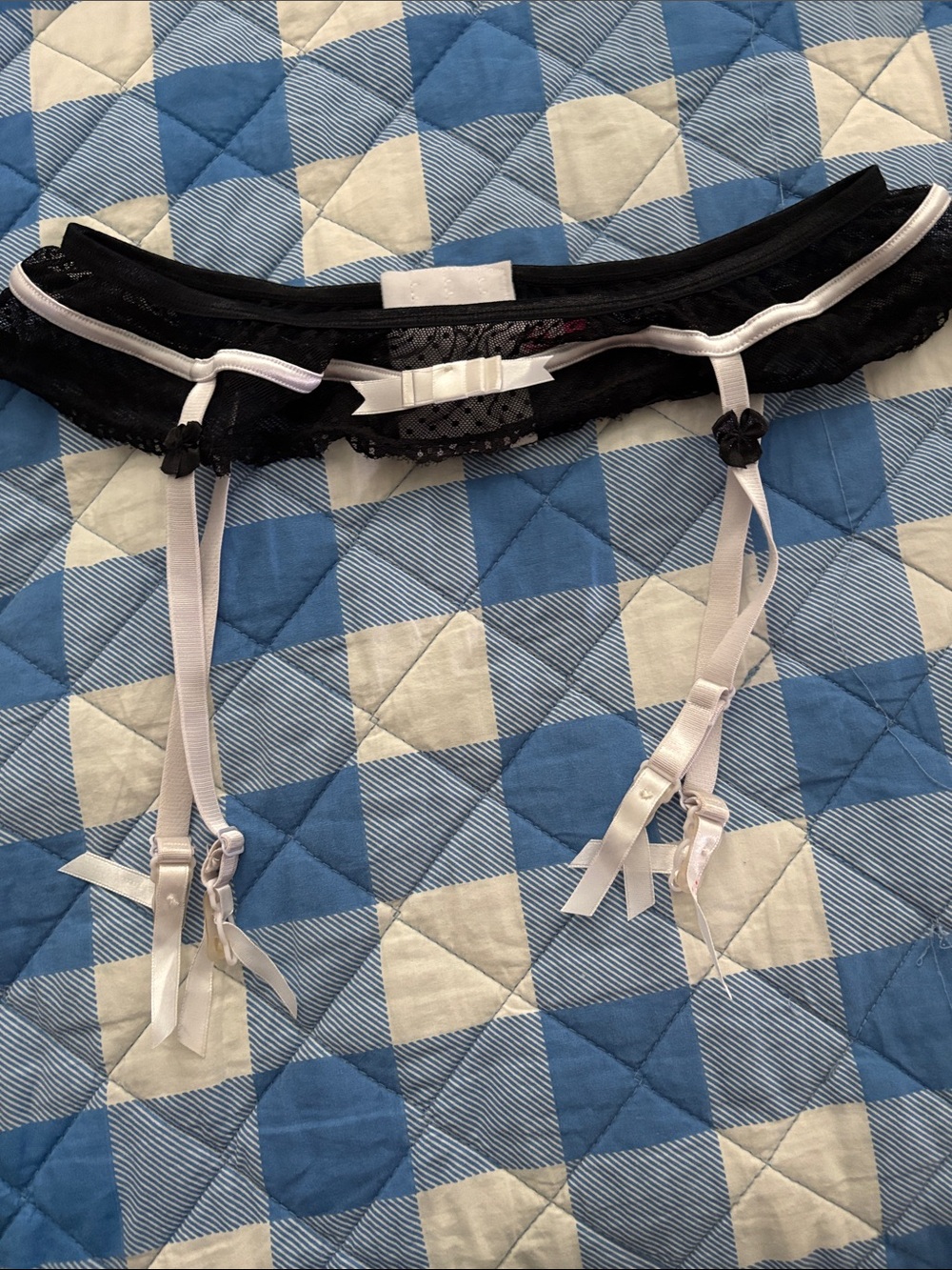 Black Lace Sheer Polkadot Garter Belt with White Satin Trim